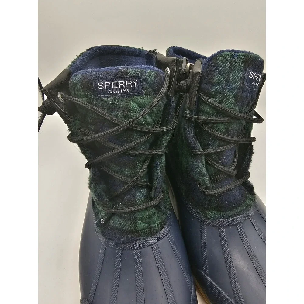 Sperry Womens Saltwater Duck Boots 9M Blue Green Plaid Wool‎ Quilted Preppy